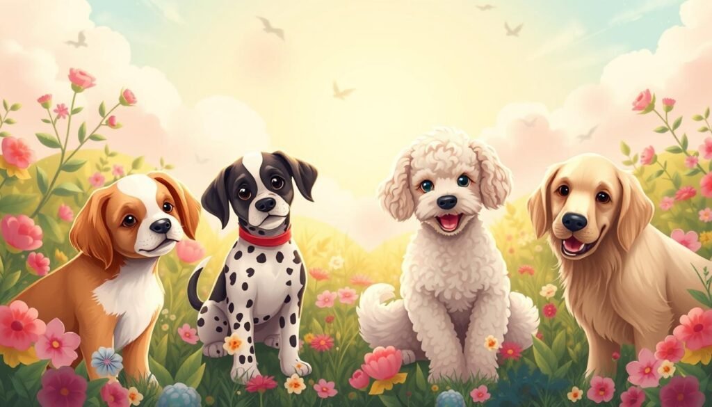 A captivating collection of appearance-based dog names, depicted in a delightful, whimsical illustration. Charming pups in the foreground, each with a unique name reflecting their distinct physical features - Ginger the Retriever, Spot the Dalmatian, Curly the Poodle, and Biscuit the Golden. The middle ground showcases a lush, vibrant garden setting, with flowers and greenery framing the playful canines. Soft, diffused lighting casts a warm, dreamlike glow, evoking a sense of comfort and joy. In the background, a pastel-hued sky with fluffy clouds completes the enchanting, storybook-like atmosphere, perfectly capturing the essence of "Names That Reflect Appearance".