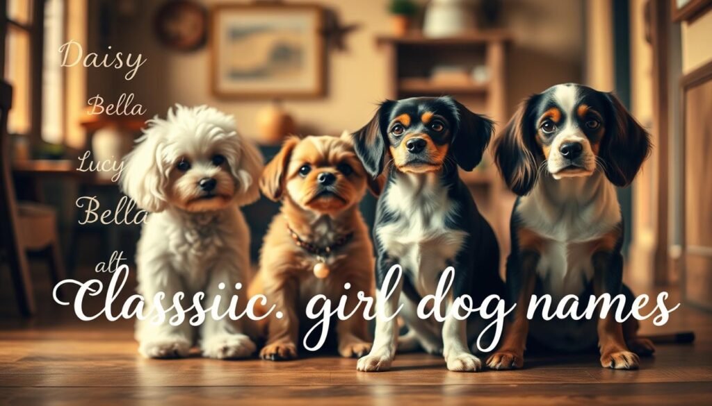 A charming and nostalgic image of classic girl dog names set against a timeless backdrop. In the foreground, a delicate calligraphy-style text display showcases a selection of beloved canine monikers like "Daisy", "Bella", "Lucy", and "Lola" in a soft, elegant font. The middle ground features a quaint, vintage-inspired scene with a well-groomed poodle, Pomeranian, and Cocker Spaniel sitting patiently, their soulful eyes reflecting the warmth and companionship of these cherished pets. The background is a softly blurred, sepia-toned interior, evoking a sense of timeless tradition and the enduring bond between humans and their canine friends. Warm, natural lighting bathes the scene, creating a cozy, inviting atmosphere that celebrates the enduring appeal of classic girl dog names.