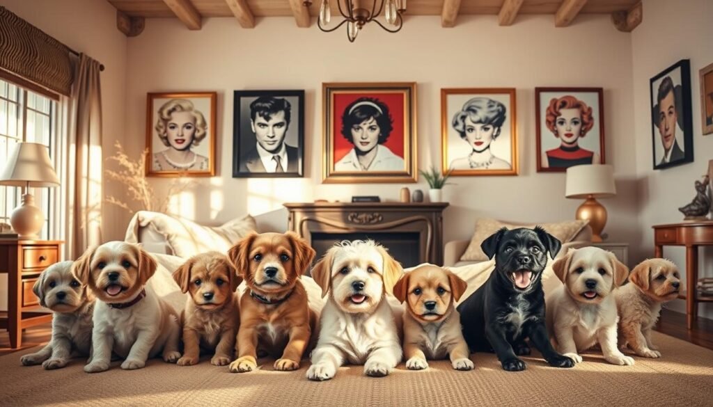 A charming and whimsical scene of celebrity-inspired dog names, captured in a soft, dreamy style. In the foreground, a group of adorable pups lounging in a cozy, sun-dappled living room, their playful expressions reminiscent of their famous namesakes. In the middle ground, stylized portraits of the celebrity inspiration - Marilyn, Elvis, Audrey, and more - hang on the walls, creating a sense of personality and connection. The background features a cozy, rustic-chic interior, with warm lighting and natural textures that evoke a sense of comfort and familiarity. The overall mood is one of lighthearted playfulness and a touch of Hollywood glamour, perfectly suited for the "Celebrity-Inspired Girl Dog Names" section of the article.