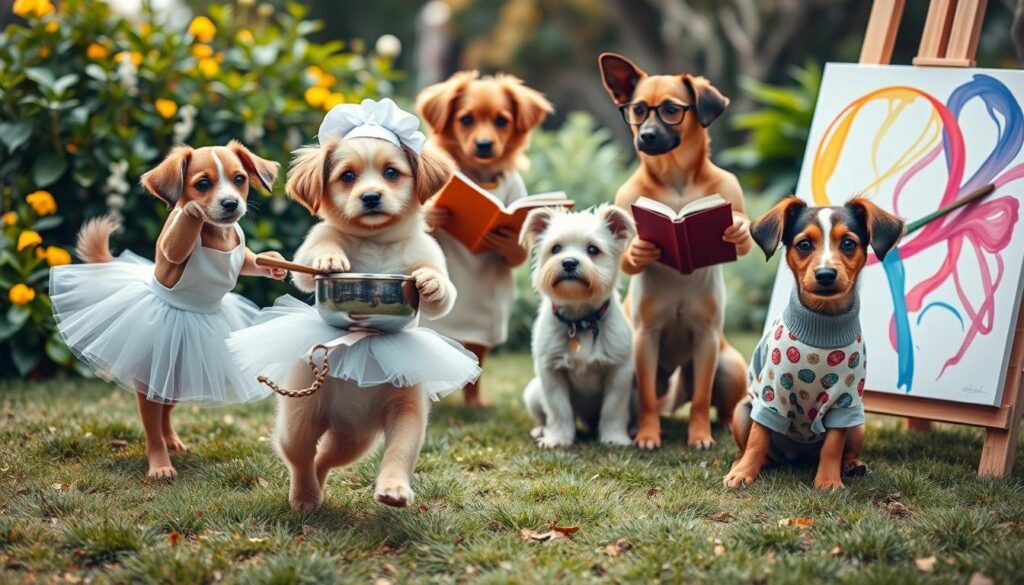 A charming group of playful girl dogs, each representing a unique hobby or pastime. In the foreground, a graceful pup wearing a ballet tutu pirouettes across the frame. In the middle ground, an energetic canine in a chef's apron stirs a mixing bowl, while a scholarly-looking pup in reading glasses pores over a book. In the background, a sporty pup in a tennis outfit chases a ball, and an artistic one in a painter's smock applies vibrant brushstrokes to a canvas. Soft, warm lighting and a lush, verdant setting create a whimsical, delightful atmosphere.