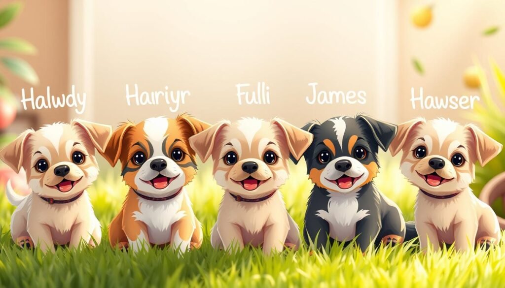 A cheerful and whimsical scene featuring a group of adorable small dogs, each with a unique and endearing name displayed above them. The pups are depicted in a warm, bright setting, perhaps a grassy meadow or a cozy living room, surrounded by lush greenery and soft textures. The dogs are rendered in a delightful, cartoon-like style, with expressive faces and playful poses that capture their friendly and mischievous personalities. The lighting is soft and diffused, creating a comforting and inviting atmosphere. The composition is balanced and visually appealing, drawing the viewer's attention to the charming canine companions and their endearing names.