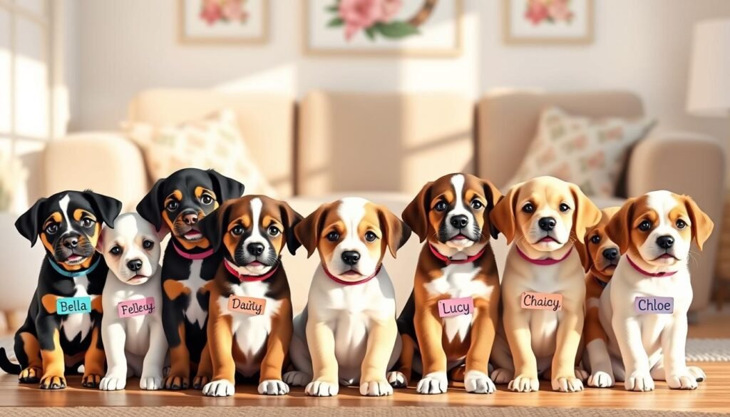 A colorful and playful illustration of the most popular dog names for girls in 2023. In the foreground, a group of adorable puppies of various breeds sit together, each with a name tag displaying a trendy girl's name like Bella, Lucy, Daisy, or Chloe. The puppies are posed in a natural, relaxed manner, creating a warm and inviting atmosphere. The middle ground features a soft, blurred background of a cozy living room setting, with subtle hints of floral patterns or geometric designs adding a touch of whimsy. The lighting is soft and natural, casting gentle shadows and highlights on the puppies' fur. The overall mood is cheerful, playful, and suitable for a feature on the best dog names for girls.