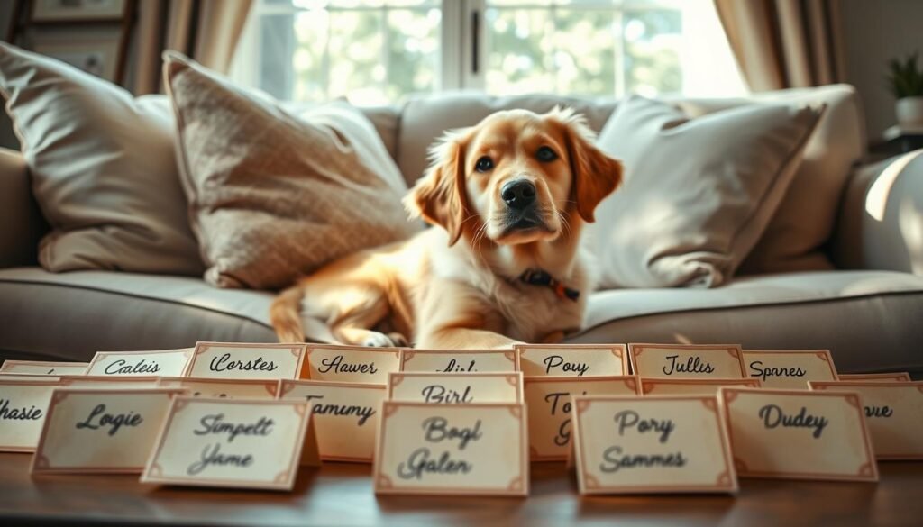A cozy, sunlit living room setting with plush pillows, a cuddly golden retriever pup, and a collection of classic girl dog names handwritten on vintage-style cards arranged in the foreground. The dog's warm, gentle expression contrasts with the elegant, timeless feel of the scene. Soft, diffused lighting creates a serene, inviting atmosphere. The camera's angle captures the scene at eye level, emphasizing the intimate, comforting vibe. The overall composition is balanced and visually appealing, highlighting the timeless appeal of classic girl dog names.