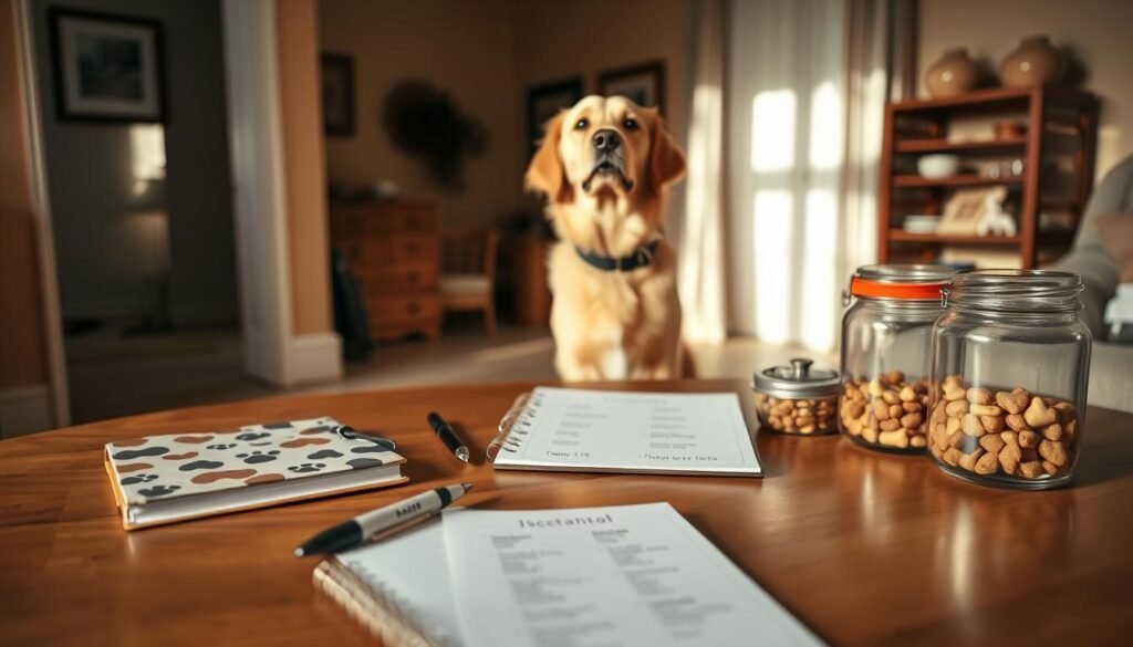A cozy, well-lit home interior with a wooden table in the foreground. Atop the table, various dog-themed objects are arranged neatly - a paw-print notebook, a pen, a treat jar, and a list of potential dog names. In the middle ground, a friendly golden retriever sits attentively, its head tilted as if listening intently. The background features warm, muted tones, creating a calm, inviting atmosphere. The lighting is soft and natural, casting a gentle glow over the scene. The overall composition suggests a serene, thoughtful moment of dog owner contemplation, perfectly capturing the "Naming Tips for Your New Pup" section of the article.