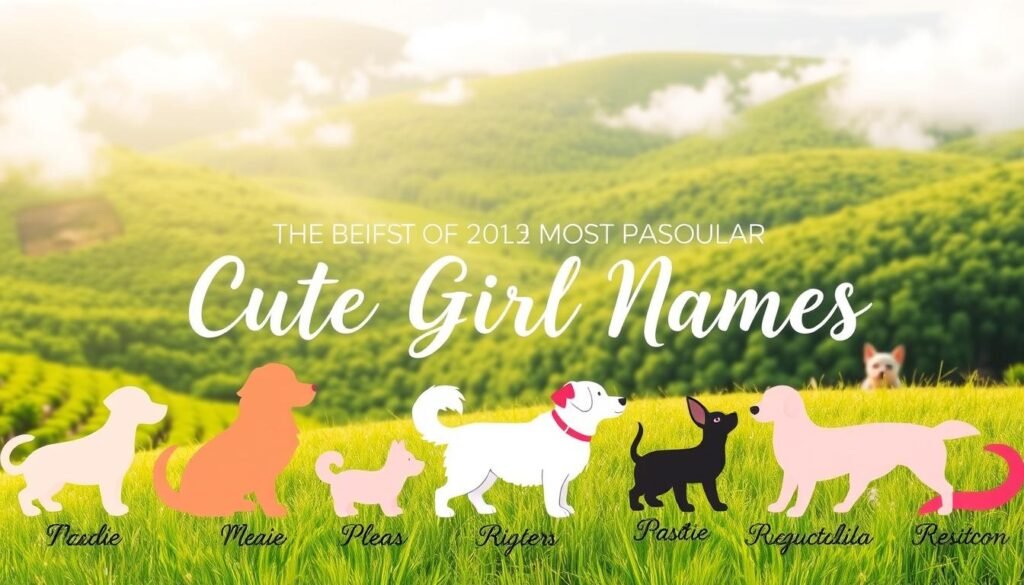 A delightful collage of the most popular cute dog girl names of 2023, presented in a vibrant and whimsical style. The foreground features a playful arrangement of hand-drawn dog silhouettes in various pastel shades, each accompanied by its corresponding name in an elegant script font. The middle ground showcases a lush, verdant backdrop, with soft, wispy clouds drifting overhead, creating a serene and dreamy atmosphere. The lighting is warm and diffused, lending a gentle, soothing glow to the entire scene. The overall composition evokes a sense of joy, warmth, and the irresistible charm of these beloved canine companions.
