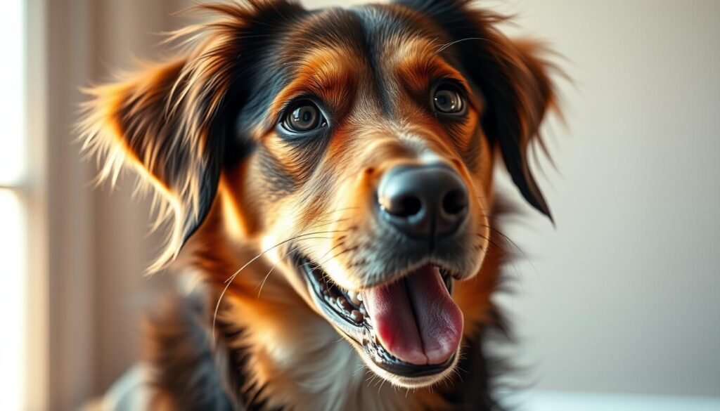 A detailed, lifelike portrait of a female dog's personality traits, showcased through her expressive face and body language. The dog's features are rendered with a soft, photorealistic style, illuminated by warm, natural lighting that highlights her gentle, compassionate gaze and playful, affectionate demeanor. The composition places the dog in the foreground, with a subtly blurred, neutral background that keeps the focus on the canine's endearing characteristics. The overall atmosphere conveys a sense of warmth, comfort, and the profound connection between a dog and her human companion.