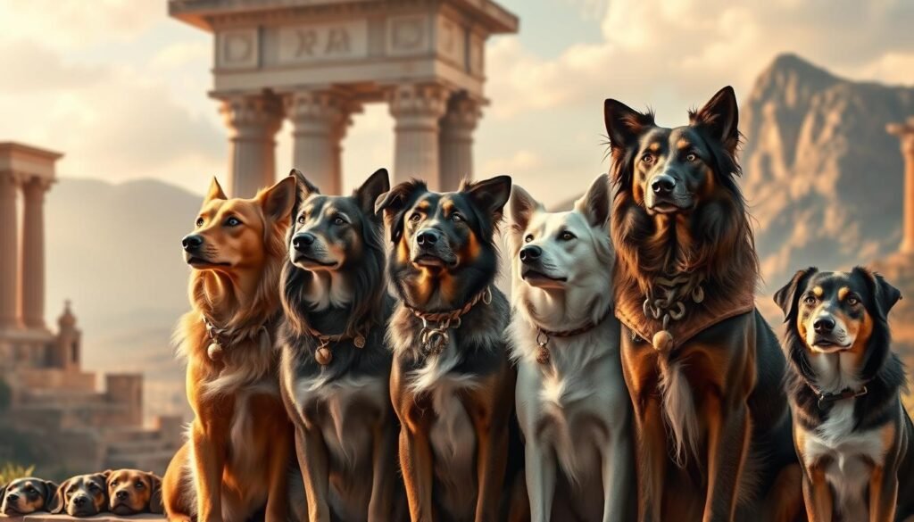 A group of female dogs from various historical eras and mythological realms, gazing confidently against a backdrop of ancient architecture and natural landscapes. Warm, inviting lighting illuminates their regal poses, while a sense of timelessness and wisdom pervades the scene. The dogs, each with a unique personality and breed, are depicted with meticulous attention to detail, showcasing their distinctive features and personalities. The composition is balanced and visually striking, drawing the viewer into a world where the boundaries between history, mythology, and the canine realm converge.