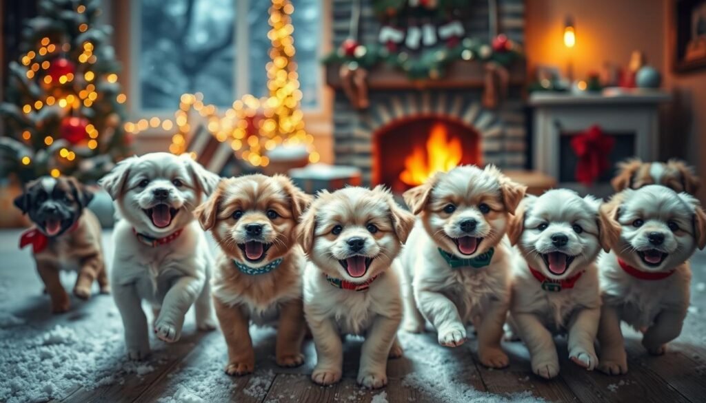 A joyful, whimsical scene of adorable puppies frolicking in a seasonal, holiday-themed setting. In the foreground, a group of fluffy pups in festive collars and accessories, their expressions bright and playful. The middle ground features a backdrop of winter wonderland elements - gently falling snow, twinkling lights, and a cozy fireplace. The lighting is soft and warm, creating a cozy, inviting atmosphere. The camera angle is slightly low, capturing the puppies from an eye-level perspective, emphasizing their cute, charming energy. The overall mood is cheerful, celebrate the delight of seasonal dog names that capture the spirit of the holidays.