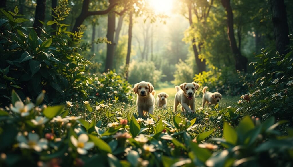 A lush, ethereal garden with verdant foliage and delicate flowers blooming in the foreground. In the middle ground, a pack of playful, nature-inspired dogs frolicking among the greenery, their fur shimmering in the soft, diffused lighting. The background features a tranquil, sun-dappled forest backdrop, creating a serene and enchanting atmosphere. The dogs' names are subtly etched into the petals and leaves, blending seamlessly into the natural setting. The composition is balanced, with a sense of harmony and wonder, inviting the viewer to immerse themselves in this whimsical, nature-inspired world.