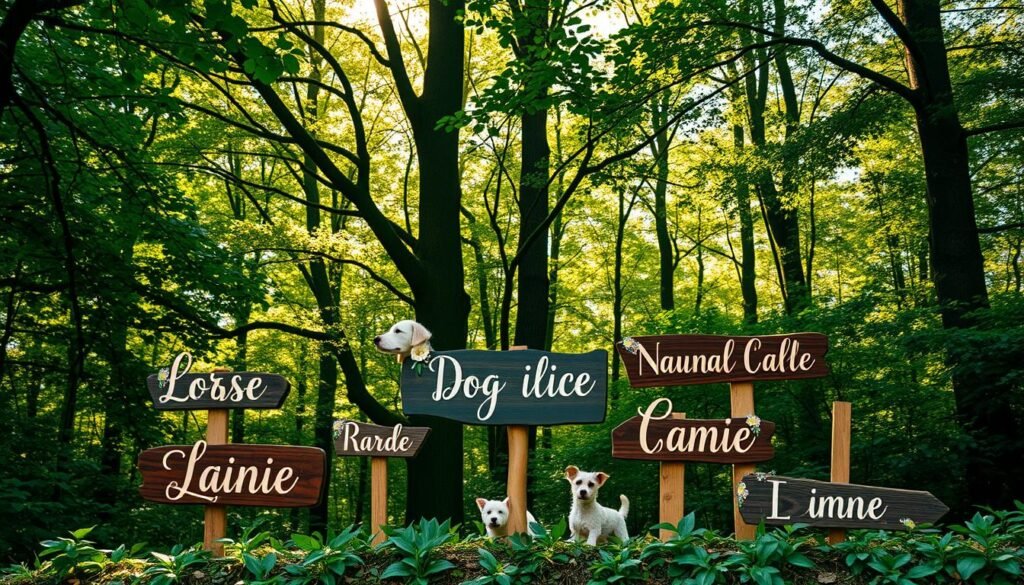 A lush, verdant forest backdrop with dappled sunlight filtering through the canopy of towering trees. In the foreground, a collection of whimsical, nature-inspired dog names elegantly displayed as hand-painted wooden signs, each uniquely styled and adorned with delicate floral and leaf motifs. The signs are arranged in a visually pleasing, organic layout that echoes the tranquil, serene ambiance of the natural setting. Soft, diffused lighting casts warm, golden hues across the scene, enhancing the earthy, organic feel. The overall composition evokes a sense of harmony between the canine companions and their natural surroundings.