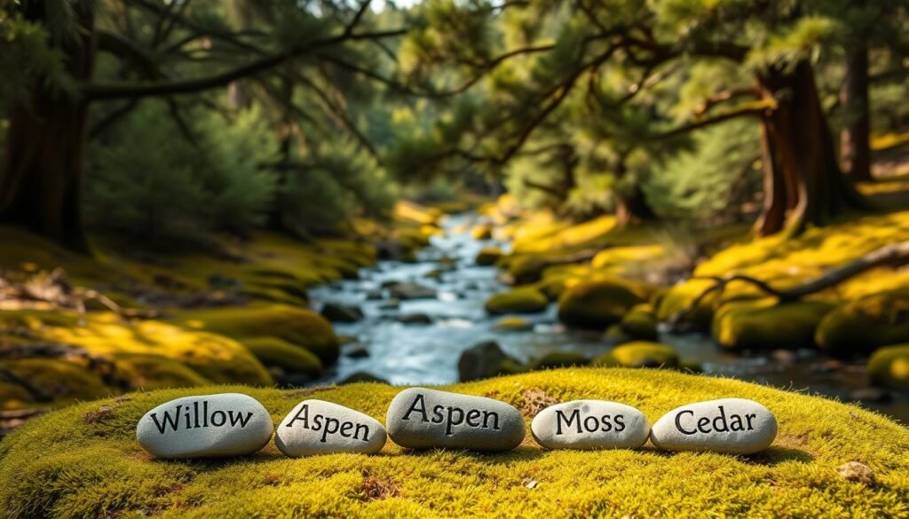 A lush, verdant landscape with a tranquil stream meandering through the frame. Towering evergreen trees frame the scene, their branches casting dappled shadows across the mossy ground. In the foreground, a collection of smooth river stones is arranged in a whimsical display, each one bearing the name of a nature-inspired dog breed - Willow, Aspen, Moss, Cedar, and Sage. The lighting is soft and warm, creating a serene, inviting atmosphere. The composition is balanced, with the stones drawing the eye towards the center, while the natural elements surrounding them provide a harmonious, earthy backdrop. This image evokes a sense of peaceful coexistence between the canine companions and the natural world.