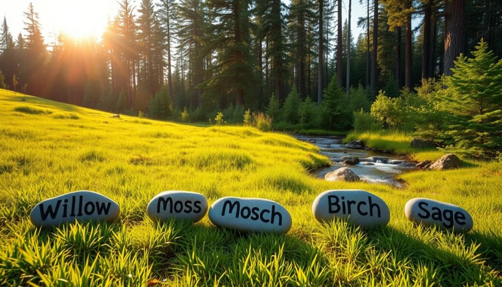 A lush, verdant meadow bathed in warm, golden sunlight. In the foreground, a group of playful, nature-inspired dog names carved into smooth river stones - Willow, Aspen, Moss, Birch, Sage. The middle ground features a meandering stream with gently flowing water, while the background showcases a towering, ancient forest of towering pines and oaks. The overall scene exudes a sense of tranquility, beauty, and a connection to the natural world.