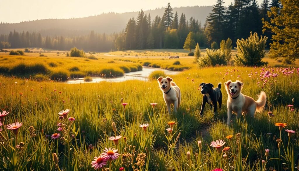 A lush, verdant meadow with wildflowers in bloom, bathed in warm, golden sunlight. In the foreground, a pack of playful, nature-inspired dogs - each with a unique name like Willow, Rowan, Sage, Ivy, or Birch - frolicking amidst the tall grasses and vibrant blossoms. In the middle ground, a peaceful stream meanders, its waters reflecting the tranquil scene. In the distance, a picturesque forest of towering trees frames the idyllic landscape. The overall mood is one of serenity, harmony, and the beauty of the natural world.