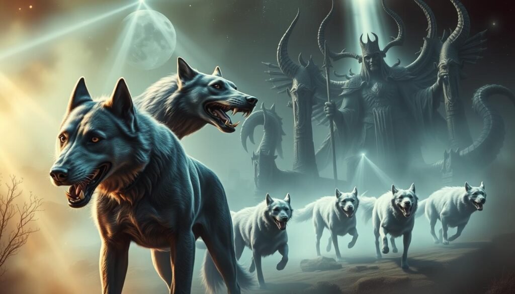 A magical, ethereal scene depicting a collection of mythological dog names. In the foreground, a majestic three-headed dog, reminiscent of Cerberus, the guardian of the Underworld, stands tall with piercing eyes and sharp fangs. In the middle ground, a pack of ghostly hounds, inspired by the Wild Hunt, swirl and dash through a misty, otherworldly landscape. In the background, a pantheon of towering, ancient deities and mythical creatures loom, casting an aura of mysticism and wonder. The lighting is dramatic, with beams of celestial light breaking through the ethereal mist, illuminating the fantastical scene. The overall atmosphere is one of enchantment, power, and the timeless wonder of mythology.