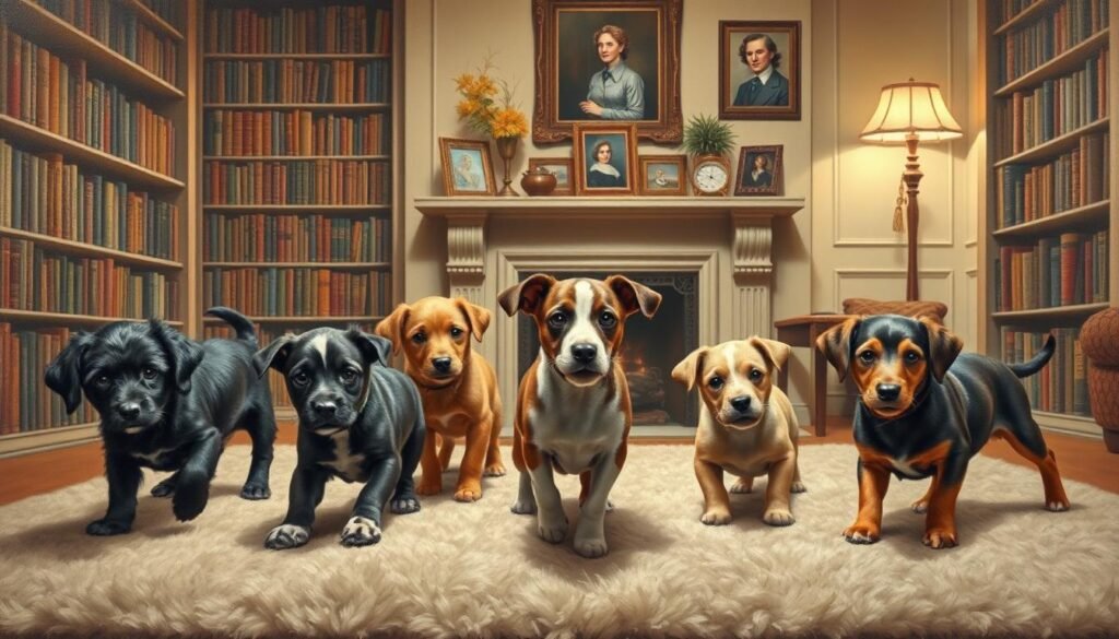 A meticulously detailed oil painting depicting a collection of literary-inspired dog names, set against a warm, cozy backdrop. In the foreground, a group of playful pups - a mischievous Huckleberry, a regal Atticus, and a curious Scout - frolicking on a plush, textured rug. In the middle ground, bookshelves filled with classic tomes line the walls, casting a soft, ambient glow. The background features a fireplace mantle adorned with framed portraits, hinting at the owners' literary passions. The overall scene exudes a sense of intellectual whimsy and canine charm, inviting the viewer to imagine these pups as the protagonists of their own literary adventures.