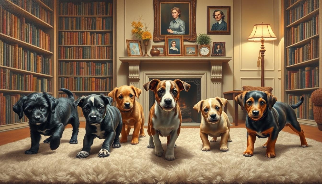 A meticulously detailed oil painting depicting a collection of literary-inspired dog names, set against a warm, cozy backdrop. In the foreground, a group of playful pups - a mischievous Huckleberry, a regal Atticus, and a curious Scout - frolicking on a plush, textured rug. In the middle ground, bookshelves filled with classic tomes line the walls, casting a soft, ambient glow. The background features a fireplace mantle adorned with framed portraits, hinting at the owners' literary passions. The overall scene exudes a sense of intellectual whimsy and canine charm, inviting the viewer to imagine these pups as the protagonists of their own literary adventures.