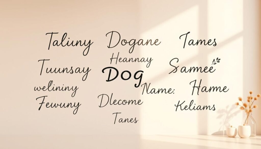 A modern, elegantly styled image of various trendy dog names displayed on a minimalist background. Showcase the names in a visually appealing, typographic layout, with a mix of bold, cursive, and playful font styles. Utilize a soft, warm lighting setup to create a cozy, inviting atmosphere. Incorporate subtle, on-trend design elements like geometric shapes, pastel colors, or botanical accents to enhance the overall aesthetic. The composition should feel balanced, with the names as the central focus, framed by a clean, visually interesting background.