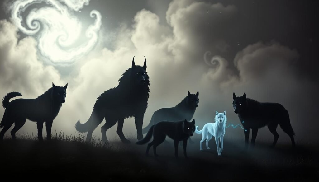 A mystical and enchanting scene featuring a gathering of mythological dog names. In the foreground, the silhouettes of various canine creatures emerge, their forms inspired by ancient legends and fantasy realms. Cerberus, the three-headed guardian of the Underworld, stands tall, its watchful eyes piercing the mist. Nearby, Fenrir, the monstrous wolf of Norse mythology, crouches with a feral grace. In the middle ground, spectral hounds with glowing eyes and wispy, ethereal bodies prowl, their names whispered in the otherworldly breeze: Anubis, Orthrus, and Garm. The background is shrouded in a hazy, dreamlike atmosphere, with swirling mists and a starry, otherworldly sky, evoking a sense of mysticism and the unknown. Dramatic lighting casts long shadows, heightening the air of mystery and wonder.