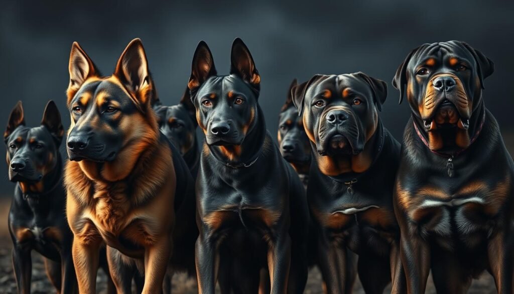 A pack of powerful, muscular canines, their strong jaws and sturdy frames exuding an aura of unwavering strength. Majestic German Shepherds, intimidating Dobermans, and regal Rottweilers stand tall, their gazes commanding respect. The lighting is dramatic, casting deep shadows that accentuate their robust physiques. The background is a moody, atmospheric scene, hinting at the rugged wilderness where these noble creatures thrive. Captured with a wide-angle lens, the image conveys the sense of awe and admiration these impressive dogs inspire.