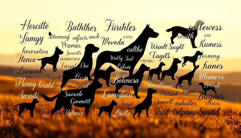 A photorealistic illustration of dog breed names elegantly displayed in a visually striking composition. The foreground features a collage of breed names in a variety of calligraphic styles and typefaces, artfully arranged to create a harmonious and eye-catching design. The middle ground showcases silhouettes of different dog breeds, adding depth and visual interest. The background is a softly blurred, warm-toned landscape, providing a serene and natural setting. The lighting is gentle and diffused, creating a sense of warmth and sophistication. The overall mood is one of refined sophistication, perfectly suited to showcase the diverse array of dog breed names.