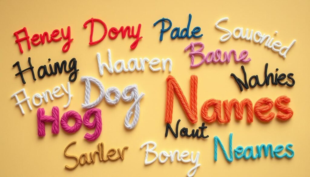 A playful arrangement of colorful and whimsical dog names on a bright, cheerful background. The names are handwritten in various fonts and styles, creating a lively, hand-crafted look. The names are positioned in a visually engaging layout, with some overlapping or at playful angles to add visual interest. The overall scene has a warm, welcoming feel, with soft, diffused lighting and a sense of warmth and happiness. The names are a mix of classic, modern, and creative options that evoke the spirit of a beloved, adorable pup.