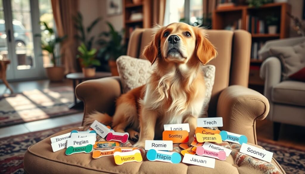 A playful golden retriever sitting on a cozy armchair, surrounded by a collection of colorful dog tags and name cards. The pup looks up curiously, as if testing out the different names. Warm natural lighting filters through the window, casting a gentle glow on the scene. The background features a cozy, inviting living room with plush rugs, bookshelves, and potted plants, creating a welcoming, homey atmosphere. The overall mood is one of comfort, warmth, and the joy of finding the perfect name for a beloved canine companion.