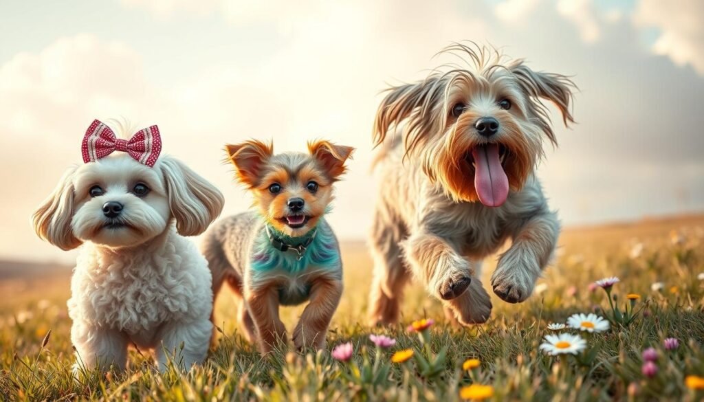 A quirky parade of playful pups, each with a name that captures their unique charm. In the foreground, a poodle with a bright-eyed gaze, sporting a whimsical bow atop her head. Beside her, a spunky terrier pup with a mischievous grin, its fur dyed in a vibrant rainbow hue. In the middle ground, a shaggy mutt with a name like "Pickle" or "Sprinkles" frolics through a field of wildflowers, its tongue hanging out in pure joy. The background is a dreamy, pastel-tinted landscape, with fluffy clouds and a warm, golden light that casts a cozy glow over the scene. The overall mood is one of pure, unadulterated silliness and charm, perfectly capturing the spirit of these quirky girl dog names.