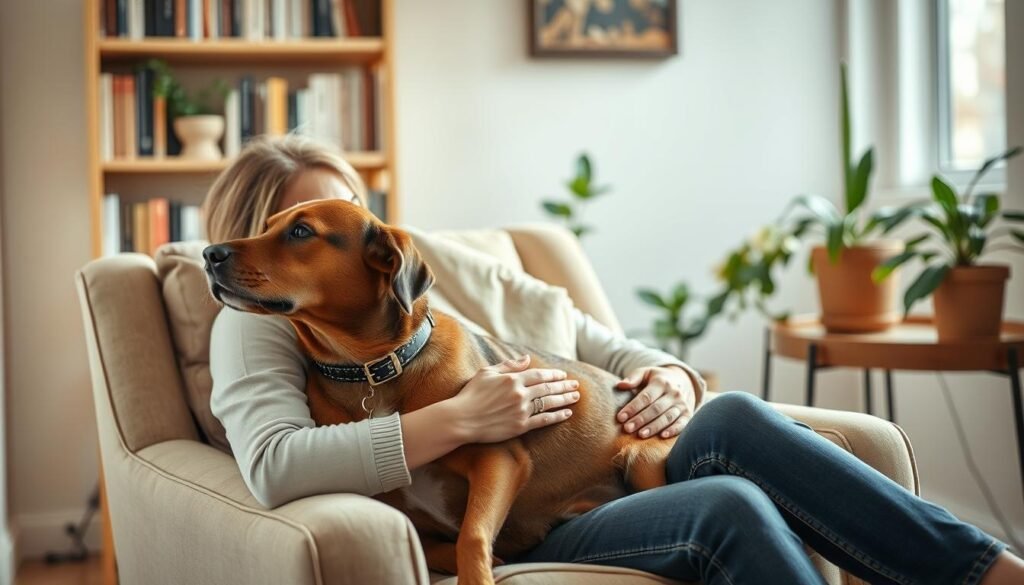 A serene domestic setting, where a woman sits comfortably on a plush armchair, gently petting her beloved canine companion. The dog's name, prominently displayed on a beautifully crafted collar, is the focal point of the scene. Soft, natural lighting illuminates the pair, creating a warm and inviting atmosphere. In the background, bookshelves and potted plants suggest a cozy, intellectual environment, underscoring the importance of carefully considering a dog's name. The composition and lighting evoke a sense of tranquility and the deep bond between human and animal, emphasizing the significance of choosing the right name for a furry friend.