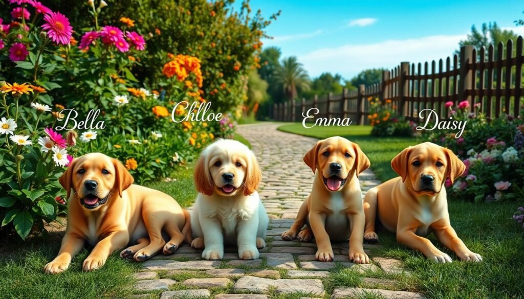 A serene, well-lit outdoor scene featuring a lush, verdant garden with vibrant flowers in bloom. In the foreground, a group of four adorable female puppies of various breeds - a Golden Retriever, a Poodle, a Cocker Spaniel, and a Labrador Retriever - sit or recline playfully, their expressions joyful and endearing. The puppies are adorned with classic girl dog names like Bella, Chloe, Emma, and Daisy, elegantly displayed above each puppy in a tasteful cursive font. The middle ground features a cobblestone path winding through the garden, while the background showcases a charming country-style fence and a clear, azure sky. The overall mood is warm, inviting, and timeless.