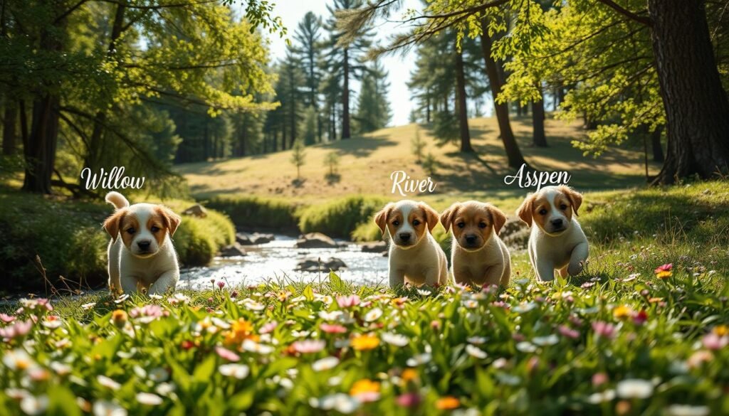 A serene woodland landscape, dappled with sunlight filtering through the canopy of lush, verdant foliage. In the foreground, a group of adorable puppies frolicking amidst a bed of wildflowers, their playful expressions captured in sharp focus. Their names, inspired by the natural elements surrounding them, are inscribed in delicate cursive script above each pup - Willow, Moss, River, Aspen, and Sage. The middle ground features a babbling brook, its crystal-clear waters reflecting the vibrant hues of the flora. In the distance, a gentle slope is dotted with towering pine trees, their branches swaying gently in a soft breeze. The overall atmosphere is one of tranquility, warmth, and the whimsical charm of nature-inspired canine companions.