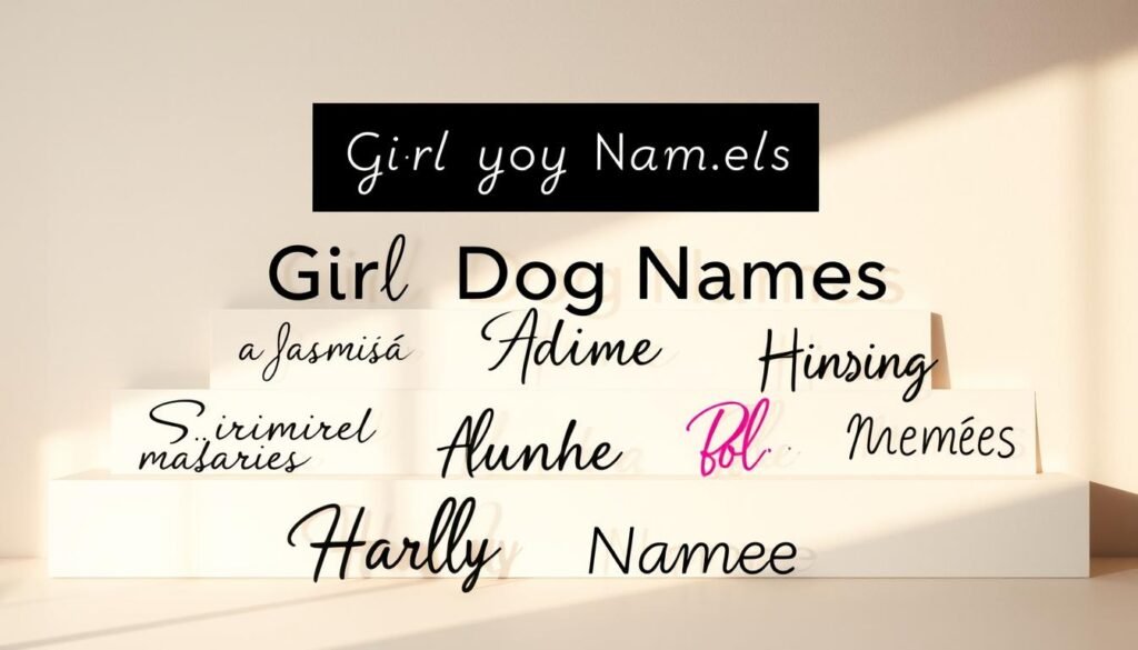 A stylish, contemporary composition showcasing a collection of trendy girl dog names. Placed against a soft, minimalist background, the names are artfully arranged in a visually appealing layout, using a variety of modern, elegant fonts. The names are presented in an eye-catching, visually cohesive manner, with subtle pops of color and clean, minimalist design elements that evoke a sense of sophistication and current style. Warm, natural lighting gently illuminates the scene, creating a warm, inviting atmosphere. The overall aesthetic is refined, polished and reflective of current trends in pet naming and branding.