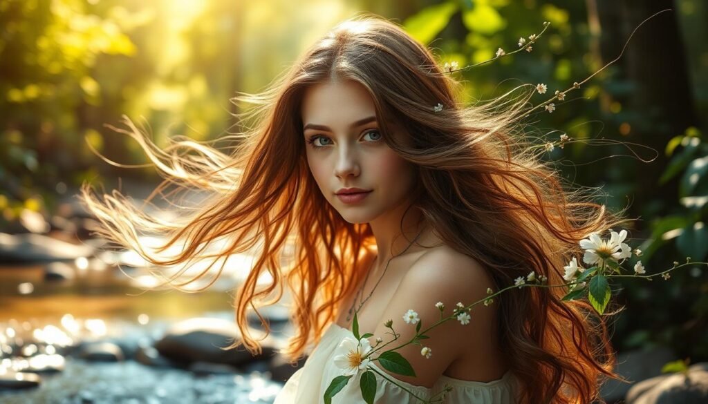 A tranquil outdoor scene featuring a graceful young woman with flowing, nature-inspired hair. She is surrounded by a lush forest backdrop, with sun-dappled foliage and a serene, babbling brook in the foreground. Her gentle expression and relaxed pose convey a sense of harmony with the natural world. The lighting is soft and warm, creating a dreamy, ethereal atmosphere. Delicate flowers and vines intertwine around her, hinting at a connection between the girl and the earth. The overall impression is one of a whimsical, enchanting girl dog name inspired by the beauty and wonder of nature.