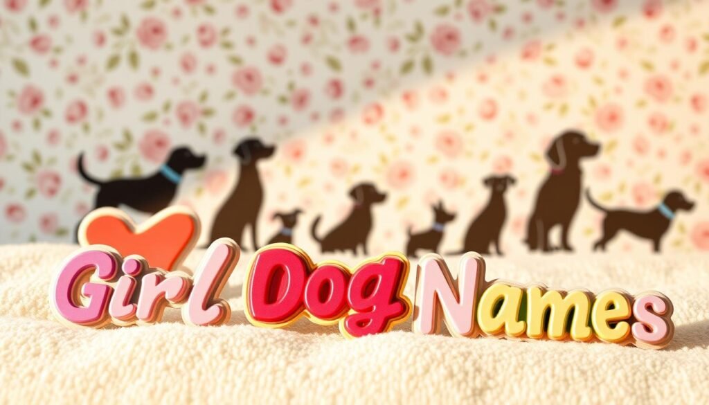 A vibrant and cheerful collage showcasing popular girl dog names. In the foreground, a playful arrangement of colorful and whimsical dog name tags, each with a unique font and design, rests on a soft, textured surface. In the middle ground, a group of adorable dog silhouettes in various poses, representing the diverse personalities of these beloved canine companions. The background features a delicate floral pattern, adding a touch of femininity and elegance to the scene. Warm, natural lighting illuminates the entire composition, creating a welcoming and inviting atmosphere. The overall effect is a visually appealing and inspirational image that celebrates the joyful world of beloved girl dog names.