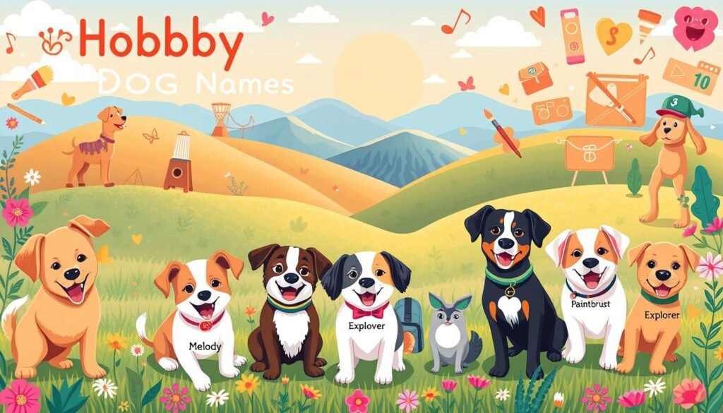 A vibrant and colorful illustration showcasing various "hobby-inspired dog names" against a whimsical, playful backdrop. In the foreground, a group of playful, energetic pups of different breeds and colors, each with a name that reflects a unique hobby or interest, such as "Paintbrush" (an artsy pup), "Melody" (a musical pup), and "Explorer" (an adventurous pup). The middle ground features a lush, imaginative landscape with rolling hills, blooming flowers, and a warm, golden-hour lighting. In the background, a collage of hobby-themed elements, including paintbrushes, musical notes, hiking gear, and more, creating a visually engaging and cohesive composition. The overall mood is one of joy, creativity, and a celebration of the unique personalities and passions that can be reflected in our four-legged companions.