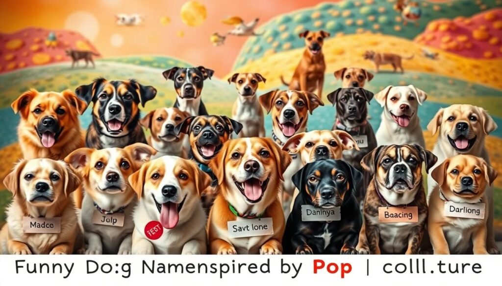 A vibrant and playful collage of dog portraits, showcasing a variety of "funny dog names inspired by pop culture". The foreground features several canines with endearing expressions, adorned with creative name tags that playfully reference iconic characters, trends, and celebrities from movies, TV shows, and music. The middle ground presents a diverse array of breeds, each with a uniquely humorous moniker. The background is a colorful, textured landscape, hinting at the whimsical nature of the scene. Soft, warm lighting bathes the image, creating a delightful, lighthearted atmosphere. Captured with a wide-angle lens to encompass the full breadth of this charming compilation of pop culture-inspired dog names.