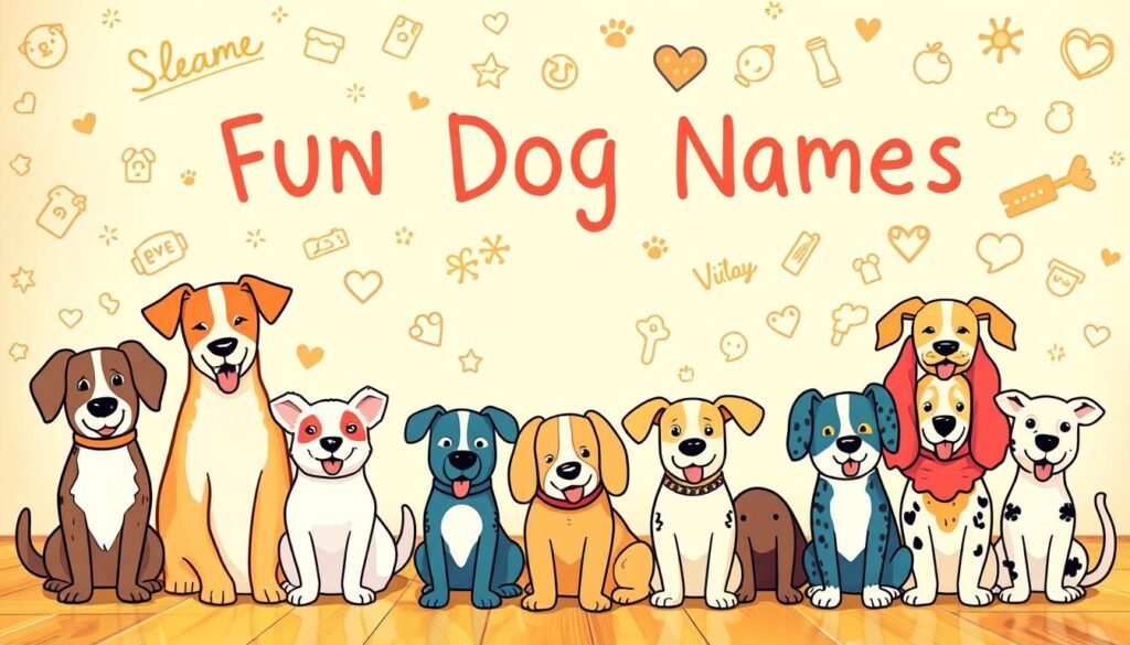 A vibrant and playful scene of fun dog names, depicted with a whimsical, hand-drawn aesthetic. In the foreground, a group of colorful, animated canines in various breeds and poses, their names stylishly rendered in a mix of playful typography and charming illustrations. The middle ground features a lively, pastel-hued backdrop, with doodles and patterns that echo the energetic theme. The lighting is warm and softly diffused, creating a cozy, inviting atmosphere. The composition is balanced and dynamic, drawing the viewer's eye through the playful elements. Overall, the image conveys a sense of joy, creativity, and the delight of discovering the perfect, unique name for a furry friend.