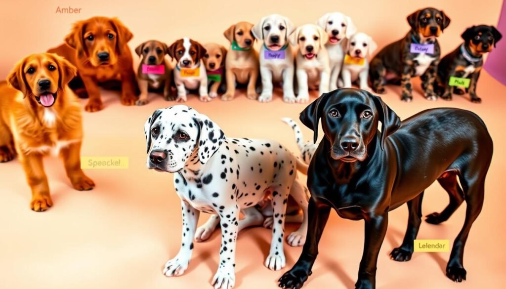 A vibrant and whimsical collection of canine companions, each with a name inspired by a distinct color or pattern. In the foreground, playful pups of various breeds - a golden retriever named Amber, a spotted dalmatian called Speckle, and a sleek black lab named Onyx - are gathered together, their fur coats glistening under warm, golden lighting. In the middle ground, additional furry friends sit or stand, their names like Seafoam, Lavender, and Plaid showcased on colorful tags. The background features a cheerful, pastel-hued backdrop, suggesting a cozy, inviting atmosphere perfect for showcasing this delightful array of color-inspired dog monikers.