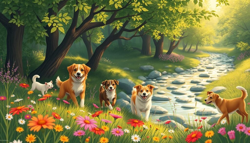 A vibrant and whimsical illustration of nature-inspired dog names, captured in a lush, verdant setting. In the foreground, a group of playful canines frolic amongst a tapestry of wildflowers, their fur coats reflecting the warm hues of the sunlight filtering through the canopy of leafy trees in the middle ground. The background features a serene, winding stream with smooth, rounded stones, creating a tranquil and calming atmosphere. The lighting is soft and diffused, highlighting the delicate details of the natural elements and the dogs' expressive features. The scene conveys a sense of harmony and wonder, reflecting the beauty and inspiration found in the natural world.