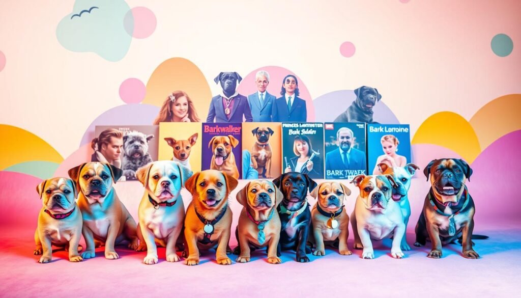 A vibrant collage depicting an array of pop culture-inspired dog names, set against a whimsical, pastel-hued background. In the foreground, a group of playful pups adorned with creative monikers like "Bark Skywalker," "Barkley Barkington," and "Princess Pupalot." In the middle ground, a selection of pup-sized movie posters and album covers featuring beloved characters like "Lassie Lannister" and "Bark Twain." The background is a colorful, abstract landscape, with stylized shapes and patterns evoking a sense of playfulness and creativity. The lighting is soft and diffused, creating a warm, inviting atmosphere. The overall composition is dynamic and engaging, perfectly capturing the spirit of pop culture-inspired pet names.