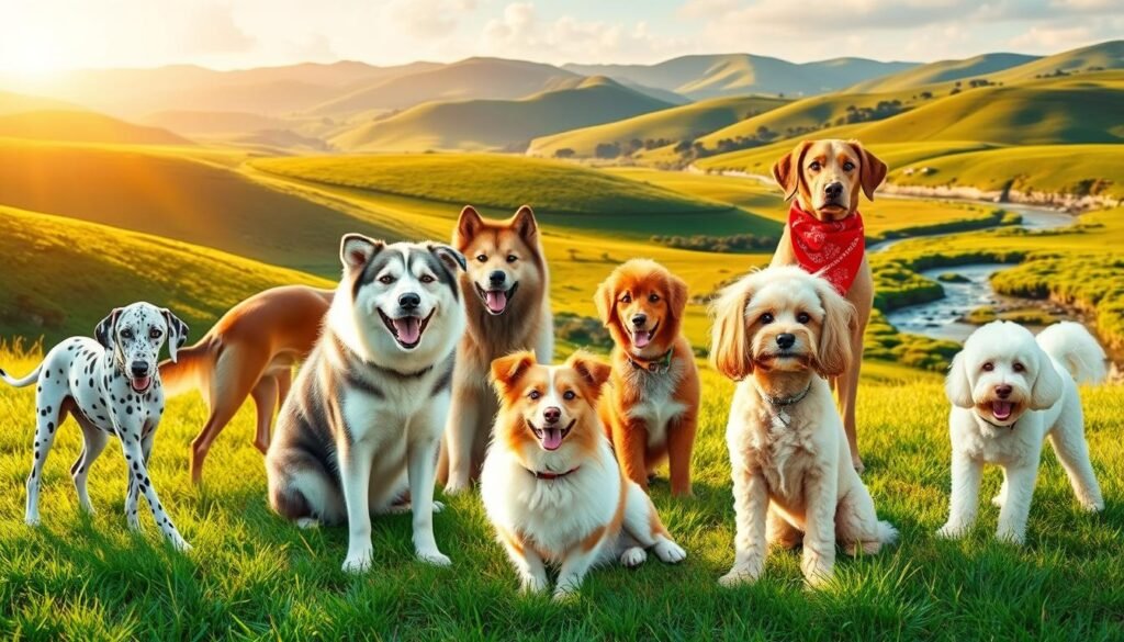 A vibrant collage of canine companions with diverse cultural names, captured in a serene, natural setting. In the foreground, a Dalmatian named Oshun, a Spanish greyhound called Mila, and a Samoyed named Appa playfully interact. In the middle ground, a proud Chow Chow named Zheng, a regal Afghan hound named Khalid, and a lively Poodle called Cosette bask in the warm, golden light. In the background, a lush, verdant landscape with rolling hills and a shimmering stream sets the stage for this celebration of global canine culture.
