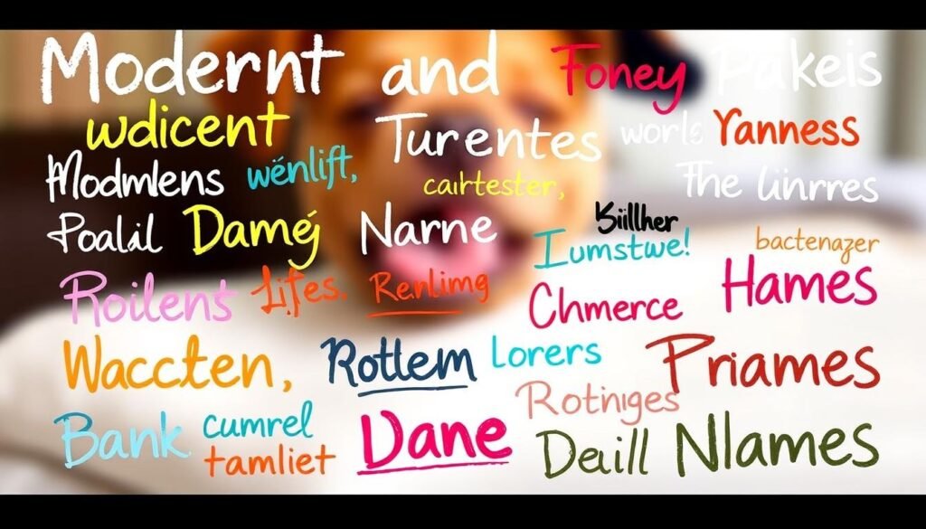 A vibrant collage of modern and trendy dog names, handwritten in an array of colorful, stylish fonts. The names are arranged in a playful, dynamic layout, creating a visually engaging composition. The background features a soft, blurred gradient of pastel hues, adding depth and a sense of warmth. Subtle lighting casts a gentle glow, highlighting the textural quality of the lettering. The overall aesthetic is fresh, youthful, and on-trend, capturing the essence of the "Modern and Trendy Dog Names" section.