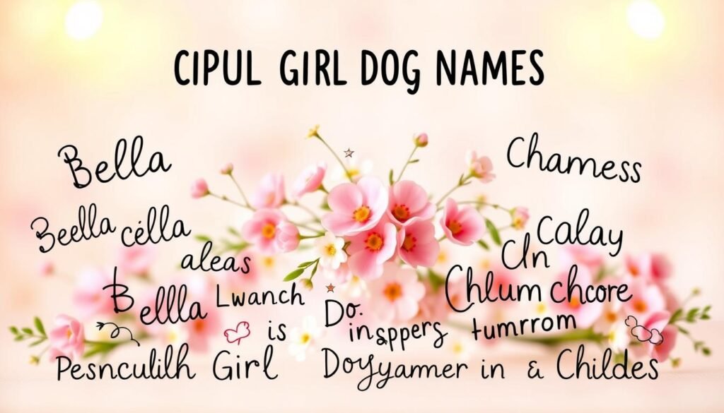 A vibrant collage of popular girl dog names, set against a soft, pastel-toned background. In the foreground, a playful mix of stylized text and hand-drawn elements float and overlap, showcasing a variety of feminine-inspired names such as "Bella", "Luna", "Daisy", and "Chloe". The middle ground features a delicate floral arrangement, with cascading vines and blooming flowers adding a touch of natural elegance. The background is gently blurred, creating a dreamy, out-of-focus effect that allows the focal point of the names to take center stage. Warm, diffused lighting emanates from the corners, casting a gentle glow over the entire composition. The overall mood is whimsical, feminine, and visually captivating, perfectly suited to illustrate the "Popular Girl Dog Names in the U.S." section of the article.