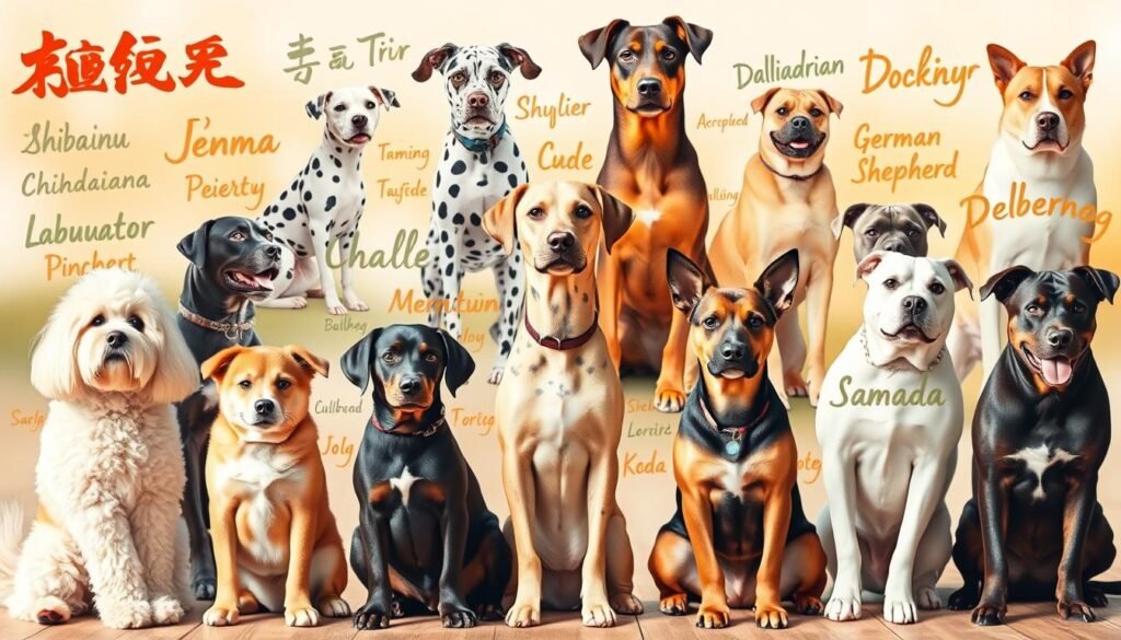 A vibrant collage showcasing a diverse array of dog breeds from around the world, their names displayed in various scripts and languages. In the foreground, a Poodle, Shiba Inu, and Labrador Retriever sit calmly, their breeds and names highlighted in stylized calligraphy. The middle ground features a Chihuahua, Dalmatian, and Doberman Pinscher, their names rendered in bold typography. In the background, a German Shepherd, Bulldog, and Samoyed are depicted, their names subtly integrated into the composition. The overall scene is bathed in warm, natural lighting, creating a sense of international unity and canine harmony.