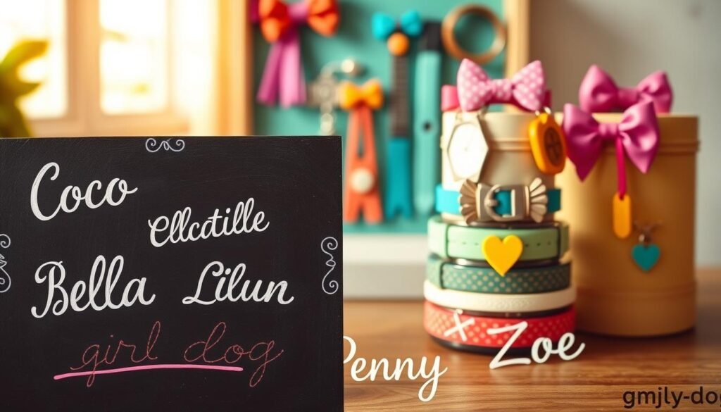 A vibrant collage showcasing an array of trendy names for girl dogs, set against a stylish backdrop. In the foreground, playful cursive scripts adorn a chalkboard-like surface, featuring names like Coco, Bella, Luna, Penny, and Zoe. The middle ground features a vintage-inspired arrangement of dog-themed accessories, including colorful collars, bows, and tags. The background is a softly blurred, pastel-hued scene, evoking a modern, minimalist aesthetic. Warm, natural lighting casts a gentle glow across the composition, creating a whimsical, Instagram-worthy atmosphere.