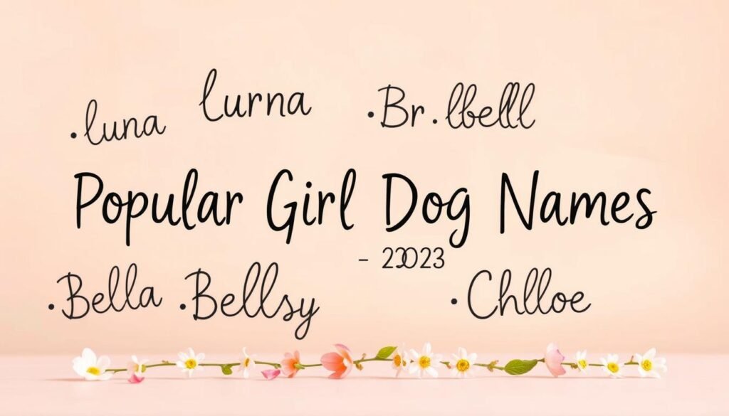 A vibrant collection of popular girl dog names, stylishly displayed against a soft, pastel-hued background. In the foreground, a whimsical arrangement of playful handwritten text showcases trending names like Luna, Bella, Daisy, and Chloe, rendered in a mix of bold and cursive lettering. The middle ground features a delicate floral border, with delicate petals and leaves softly framing the text. In the background, a warm, diffused light creates a cozy, inviting atmosphere, subtly highlighting the overall aesthetic. The entire composition has a charming, hand-crafted feel, perfectly capturing the essence of the "Popular Girl Dog Names of 2023" section.