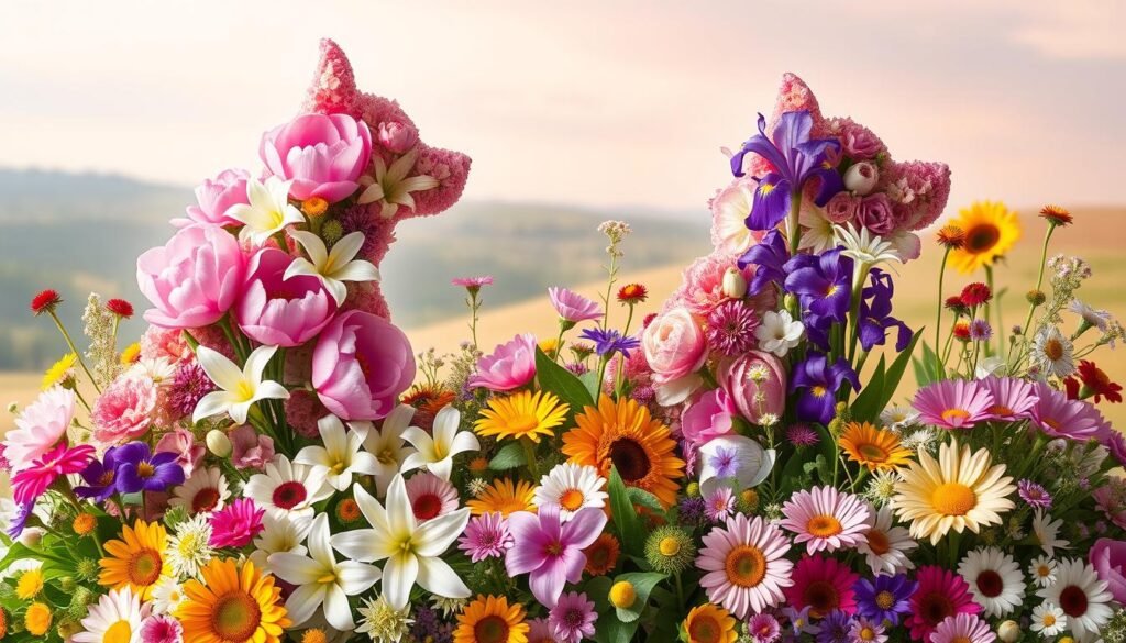 A vibrant, lush floral composition featuring various blooming flowers arranged in the shape of dog silhouettes. The foreground showcases a bouquet of delicate pink peonies, white lilies, and purple irises, artfully intertwined to form the outline of a playful pup. The middle ground features a mix of colorful wildflowers, such as sunflowers, daisies, and chrysanthemums, further defining the canine forms. The background depicts a soft, dreamy landscape with a pastel sky, adding a sense of whimsy and serenity to the scene. The lighting is warm and diffused, creating a romantic, natural ambiance that highlights the organic beauty of the floral elements. Captured with a shallow depth of field, the image emphasizes the graceful, feminine essence of these "floral dog names".