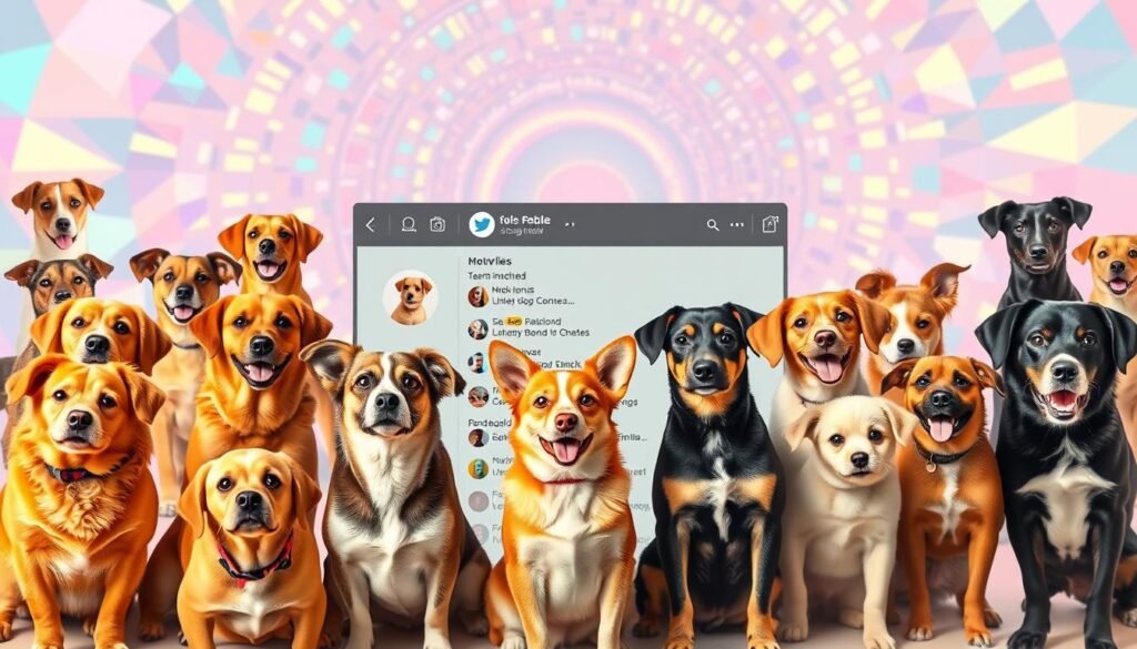 A vibrant social media feed filled with a whimsical array of dog profile pictures, showcasing a diverse collection of funny, clever, and uniquely named canine companions. In the foreground, a group of playful pups pose against a backdrop of colorful geometric patterns and digital icons, their expressions conveying a sense of digital-age charm. The middle ground features a scrolling interface with various trending hashtags and handles, reflecting the growing influence of online culture on pet naming trends. The background is dominated by a swirling vortex of pastel-hued pixels, evoking the ever-evolving landscape of social media and the digital world. Warm, diffused lighting illuminates the scene, creating a sense of playfulness and digital-era nostalgia.
