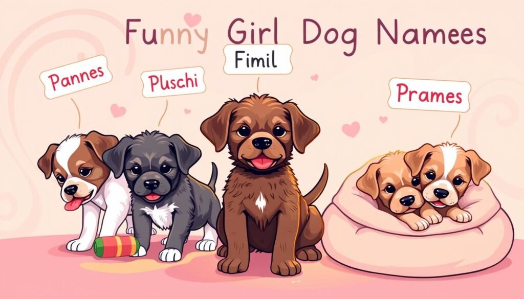 A vibrant, whimsical illustration of a group of adorable female puppies, each with a unique, humorous name tag floating above them. The puppies are positioned in the foreground, captured in a variety of playful poses - one chewing on a chew toy, another chasing its tail, and a third snuggling up to a plush dog bed. The middle ground features a soft, pastel-colored background, with swirling patterns and shapes that create a sense of joyful movement. The lighting is warm and inviting, casting a gentle glow on the puppies' fur and lending an upbeat, lighthearted atmosphere. The overall composition and styling evoke a charming, contemporary aesthetic suitable for the "Popular Themes for Funny Girl Dog Names" section of the article.