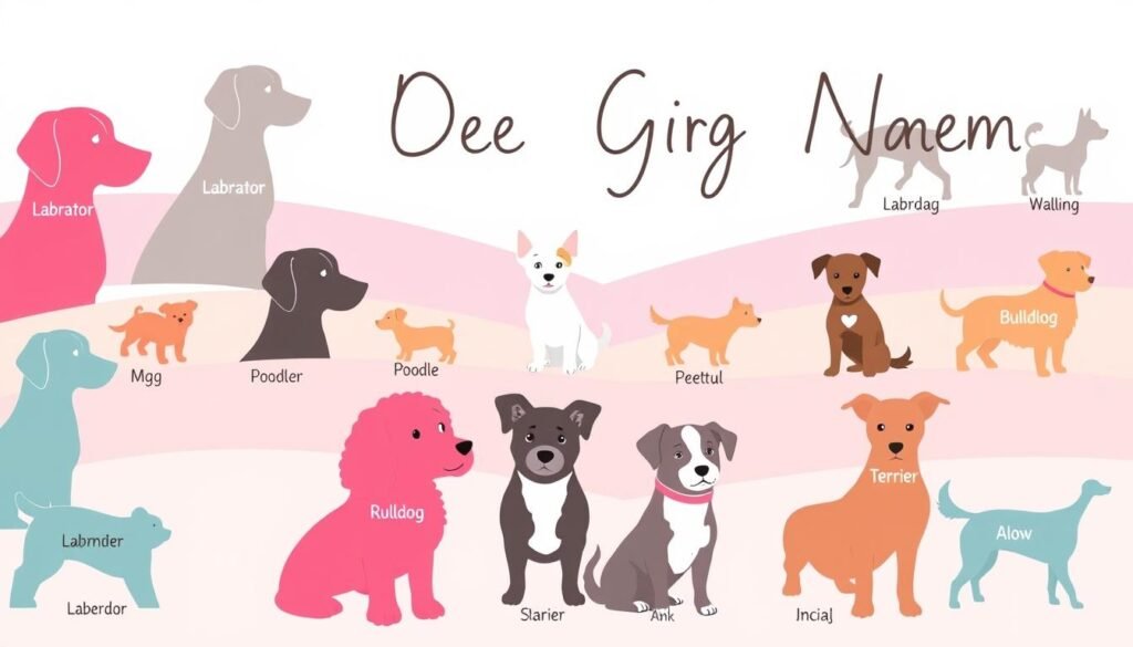 A vibrant, whimsical illustration of breed-specific dog names, set against a pastel-colored backdrop. The foreground features a playful arrangement of various dog breed silhouettes, each with a stylized name written in a charming, hand-lettered font. The middle ground showcases a selection of popular dog breeds, including Labrador, Poodle, Bulldog, and Terrier, with their corresponding breed names displayed. The background is a soft, gradient-based landscape, creating a sense of depth and adding to the overall cheerful and lighthearted atmosphere. Crisp, clean lighting illuminates the scene, highlighting the delicate details and playful energy of the illustration. The resulting image should capture the essence of choosing a dog name based on breed, reflecting the article's theme of "Cute Dog Girl Names: Find the Perfect Pup Name."