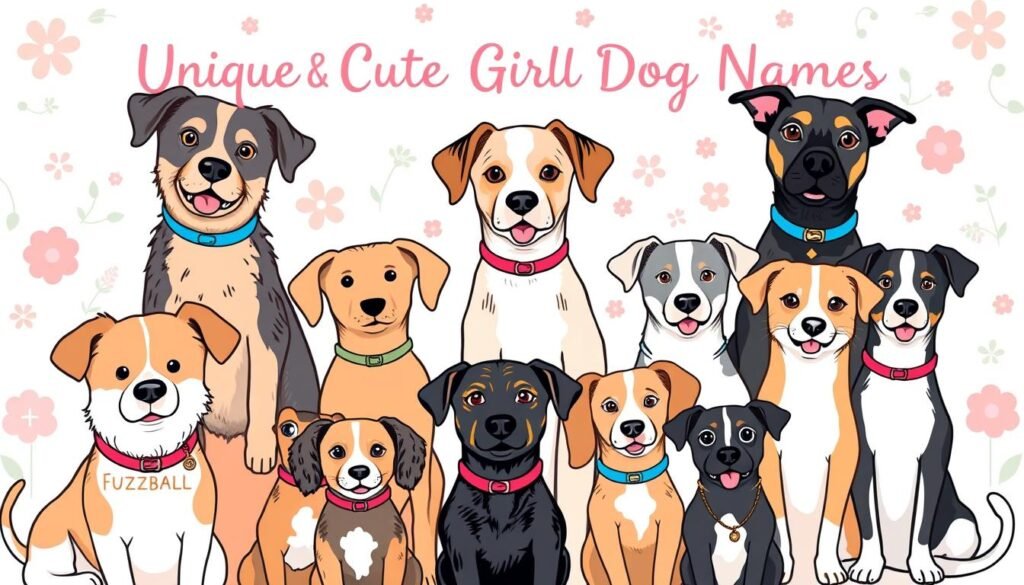 A vibrant, whimsical illustration showcasing a collection of uniquely named canine companions, captured in a delightful, hand-drawn style. In the foreground, a diverse array of dogs in various breeds and poses, each with a quirky, one-of-a-kind moniker adorning their collars, such as "Fuzzball," "Wiggles," and "Snuggles." The middle ground features a playful, pastel-hued backdrop, with stylized floral and geometric patterns, creating a sense of playfulness and individuality. The background subtly blends into a soft, dreamlike gradient, evoking a sense of warmth and comfort, perfectly complementing the charming subject matter. The overall composition and color palette convey a lighthearted, joyful, and distinctly feminine mood, reflecting the essence of "Unique & Cute Girl Dog Names."